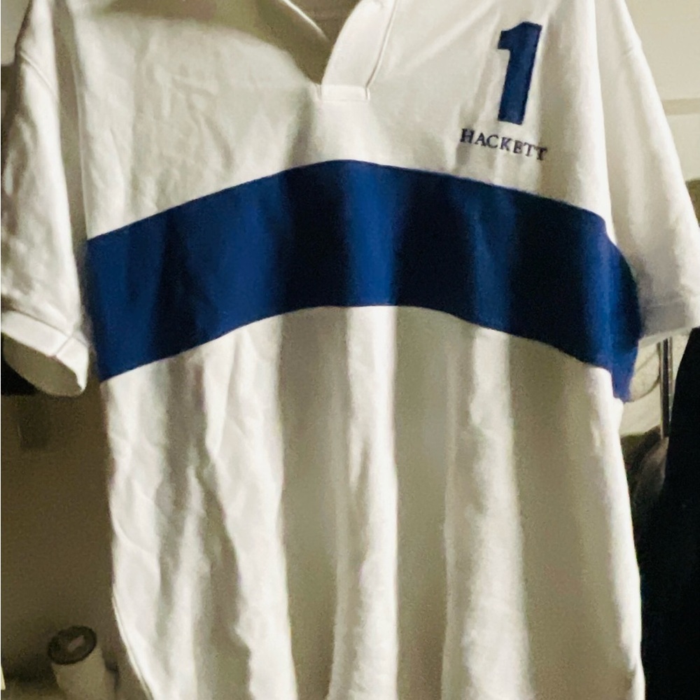 Hackett British Polo Shirt with Blue Stripe and Number Detail Large like new